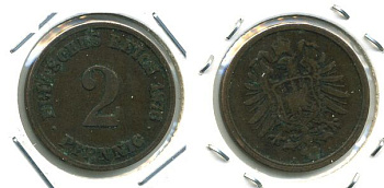 ГЕРМАНИЯ 2 ПФЕННИГА 1876 A, СТАРОГЕРБОВКА KM 2, J.2 медь 701-425