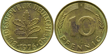 ФРГ 10 ПФЕННИГОВ 1976 F KM 108, J.383 сталь плакированная латунью 98-514