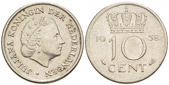 НИДЕРЛАНДЫ 10 ЦЕНТОВ 1958 ЮЛИАНА KM 182 никель 4547-829