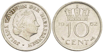 НИДЕРЛАНДЫ 10 ЦЕНТОВ 1962 ЮЛИАНА (1948-1980) KM 182 никель 214-1161