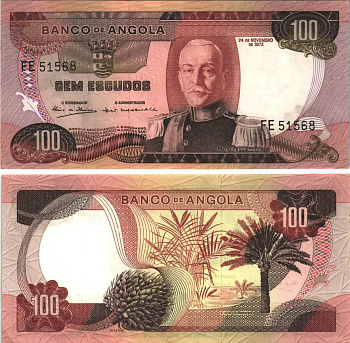 АНГОЛА 100 ЭСКУДО 1972 24 НОЯБРЯ 1972, МАРШАЛ КАРМОНА Pick 101 бумага aUNC 7116-45-2-2