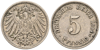 Германия 5 пфеннигов 1914 D, KM 11, J. 12 медно-никель 220-733
