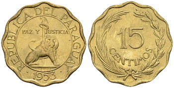 Парагвай 15 сентимо 1953 лев, фригийский колпак на шесте KM 26 алюминиевая бронза  aUNC  4177-537