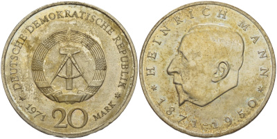 ГДР 20 марок 1971 А, 100 лет со дня рождения Генриха Манна (1871-1950) KM 33, J. 1531 медно-никель 82-1115