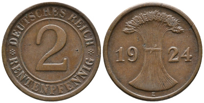 ГЕРМАНИЯ 2 РЕНТЕНПФЕННИГА 1924 E KM 31, J. 307 бронза 24-532