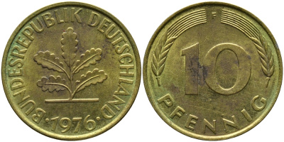 ФРГ 10 ПФЕННИГОВ 1976 F KM 108, J.383 сталь плакированная латунью 98-514