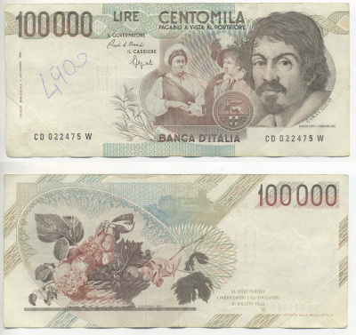 Италия 100000 лир 1983 Караваджо, фруктовый букет, подпись Stevani Pick 110а бумага 7220-5-2