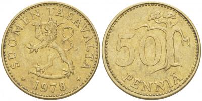 ФИНЛЯНДИЯ 50 ПЕННИ 1978 K KM 48 алюминиевая бронза 212-1046