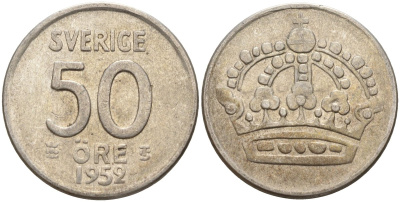 Швеция 50 эре 1952 TS, Густав VI Адольф (1950-1973) KM 825 серебро 4148-913