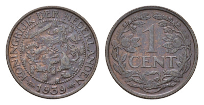 Нидерланды 1 цент 1939 Вильгельмина (1890-1948) KM 152 бронза 4674-1162