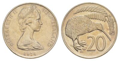 Новая Зеландия 20 центов 1974 Елизавета II (1952-2022), птичка киви KM 36 медно-никель 00-00