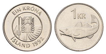 Исландия 1 крона 1992 треска KM 27a сталь плакированная никелем UNC 4687-843