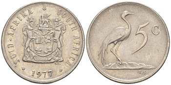 ЮАР 5 центов 1977 герб, райский журавль KM 84 никель 187-263