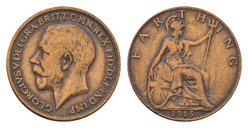 Великобритания 1 фартинг 1915 Георг V (1910-1936) KM 808.1, Spink 4059 бронза 4623-1033