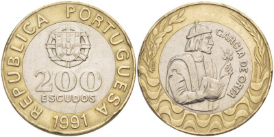 Португалия 200 эскудо 1991 Гарсия Де Орта (1501-1568) KM 655 биметалл 4545-812