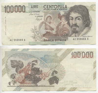 Италия 100000 лир 1983 Караваджо, фруктовый букет, подпись Speziali Pick 110b бумага 7220-9-3