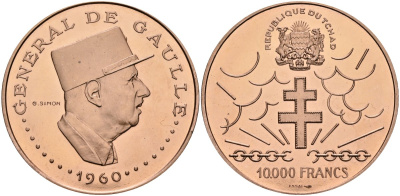 Чад 10000 франков 1960 ESSAI, генерал Шарль де Голль медь PROOF 04-320-41