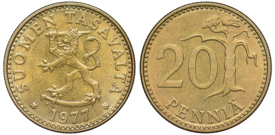 Финляндия 20 пенни 1977 K KM 47 алюминиевая бронза 259-537