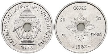 Лаос 20 центов 1952 король Сисаванг Вонг (1904-1959), слоны KM 5 алюминий  aUNC  4367-531