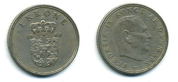 ДАНИЯ 1 КРОНА 1962 C; S, ФРЕДЕРИК IX (1947-1972) KM 851.1 медно-никель 56-342