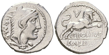 Римская Республика денарий 105 г. до н.э. монетарий Торий Бальб, I S M R, голова Юноны Соспиты/L THORIUS BALBVS, бык, Рим, 3,74 гр Crawford 316/1 серебро 00-815-83