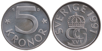 Швеция 5 крон 1991 D, Карл XVI Густав (1973- ) KM 853 медно-никель BUNC 41-412
