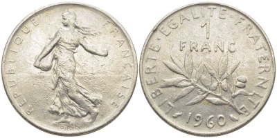 ФРАНЦИЯ 1 ФРАНК 1960 СЕЯТЕЛЬ KM 925.1, LE FRANC 226.4 никель 175-511