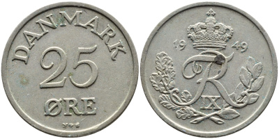 Дания 25 эре 1949 N; S, Фредерик IX (1947-1972) KM 842.1 медно-никель 4391-1235