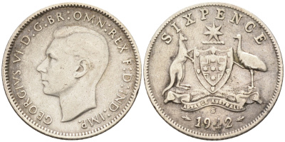 Австралия 6 пенсов 1942 S Георг VI (1937-1952), герб Австралии KM 38 серебро    4115-127