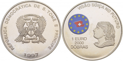 Сан-Томе и Принсипи 2000 добра - 1 евро 1997 голова женщины влево, Швейцарский флаг, эмаль KM 95 медно-никель UNC 1085-9-41