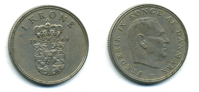 ДАНИЯ 1 КРОНА 1962 C; S, ФРЕДЕРИК IX (1947-1972) KM 851.1 медно-никель 56-342