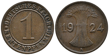 Германия 1 рентенпфенниг 1924 A KM 30, J. 306, Weege 1 бронза 39-836
