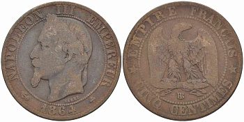 ФРАНЦИЯ 5 САНТИМОВ 1864 BB, НАПОЛЕОН III (1852-1870) KM 797.2, LE FRANC 117.12 бронза 108-611
