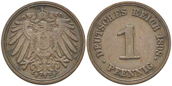 ГЕРМАНИЯ 1 ПФЕННИГ 1898 F KM 10, J. 10, Weege 2 медь 211-229