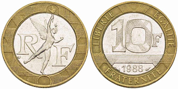Франция 10 франков 1988 тип гений Бастилии KM 964.1, Le Franc 375.2 биметалл 4401-1251
