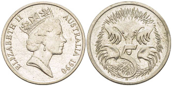АВСТРАЛИЯ 5 ЦЕНТОВ 1990 ЕЛИЗАВЕТА II, ВТОРОЙ ПОРТРЕТ В КОРОНЕ, ЕХИДНА KM 80 медно-никель 4516-669