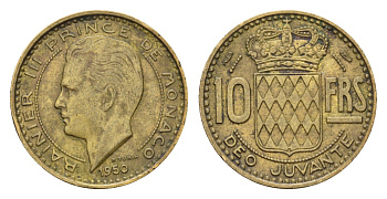 Монако 10 франков 1950 Ренье III (1949-2005) KM 130 алюминиевая бронза 4679-626