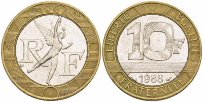 Франция 10 франков 1988 тип гений Бастилии KM 964.1, Le Franc 375.2 биметалл 4401-1251