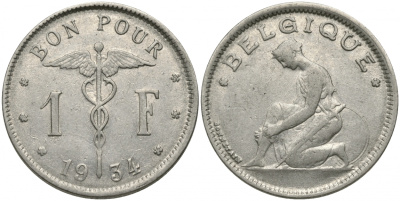 БЕЛЬГИЯ 1 ФРАНК 1934 BELGIQUE KM 89 никель 51-2135