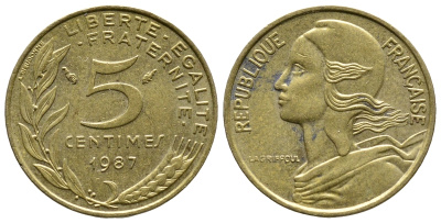Франция 5 сантимов 1987 тип Марианна KM 933 медь алюминий никель 4679-962