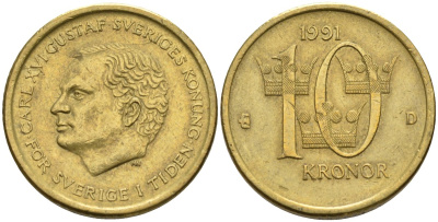 Швеция 10 крон 1991 D, Карл XVI Густав (1973- ) KM 877 медь алюминий цинк 4592-145