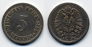 ГЕРМАНИЯ 5 ПФЕННИГОВ 1888 A, СТАРОГЕРБОВКА KM 3, J. 3 медно-никель 51-4911