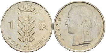 БЕЛЬГИЯ 1 ФРАНК 1975 BELGIQUE, БОДУЭН I (1951-1993) KM 142.1 медно-никель 210-943