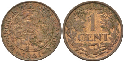 НИДЕРЛАНДЫ 1 ЦЕНТ 1941 ВИЛЬГЕЛЬМИНА (1890-1948) KM 152 бронза 39-112