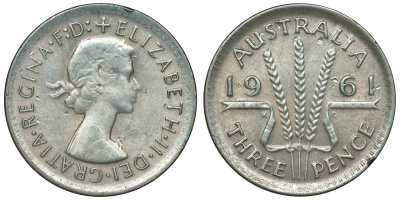 Австралия 3 пенса 1961 m, Елизавета II (1952-2022) KM 57 серебро 71-816