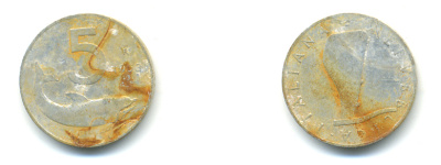 Италия 5 лир 1953 R, дельфин, плуг KM 92 алюминий 89-357