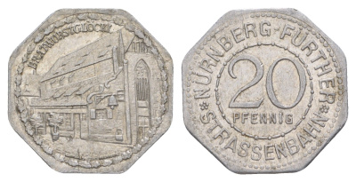 Нюрнберг трамвайный (транспортный) жетон в 20 пфеннигов ND (1920-1921) Братвурст Men05 19256.5, Men18 24102.5 алюминий 3459-535