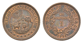 Боливия 1 боливиано 1951 KM 184 бронза UNC 4644-841