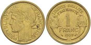 Франция 1 франк 1939 тип Морлон KM 885, LE FRANC 219.10 алюминиевая бронза 3853-211