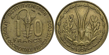 ВАЛЮТНЫЙ СОЮЗ СТРАН ЗАПАДНОЙ АФРИКИ, ТОГО 10 ФРАНКОВ 1957 АНТИЛОПА KM 8 алюминиевая бронза 27-341